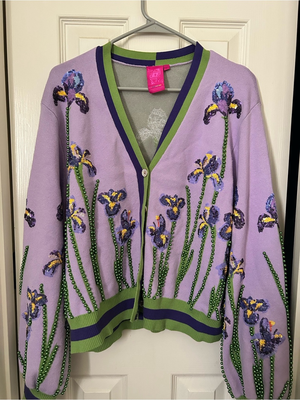 Iris Floral Beaded V‑Neck Cardigan Sweater